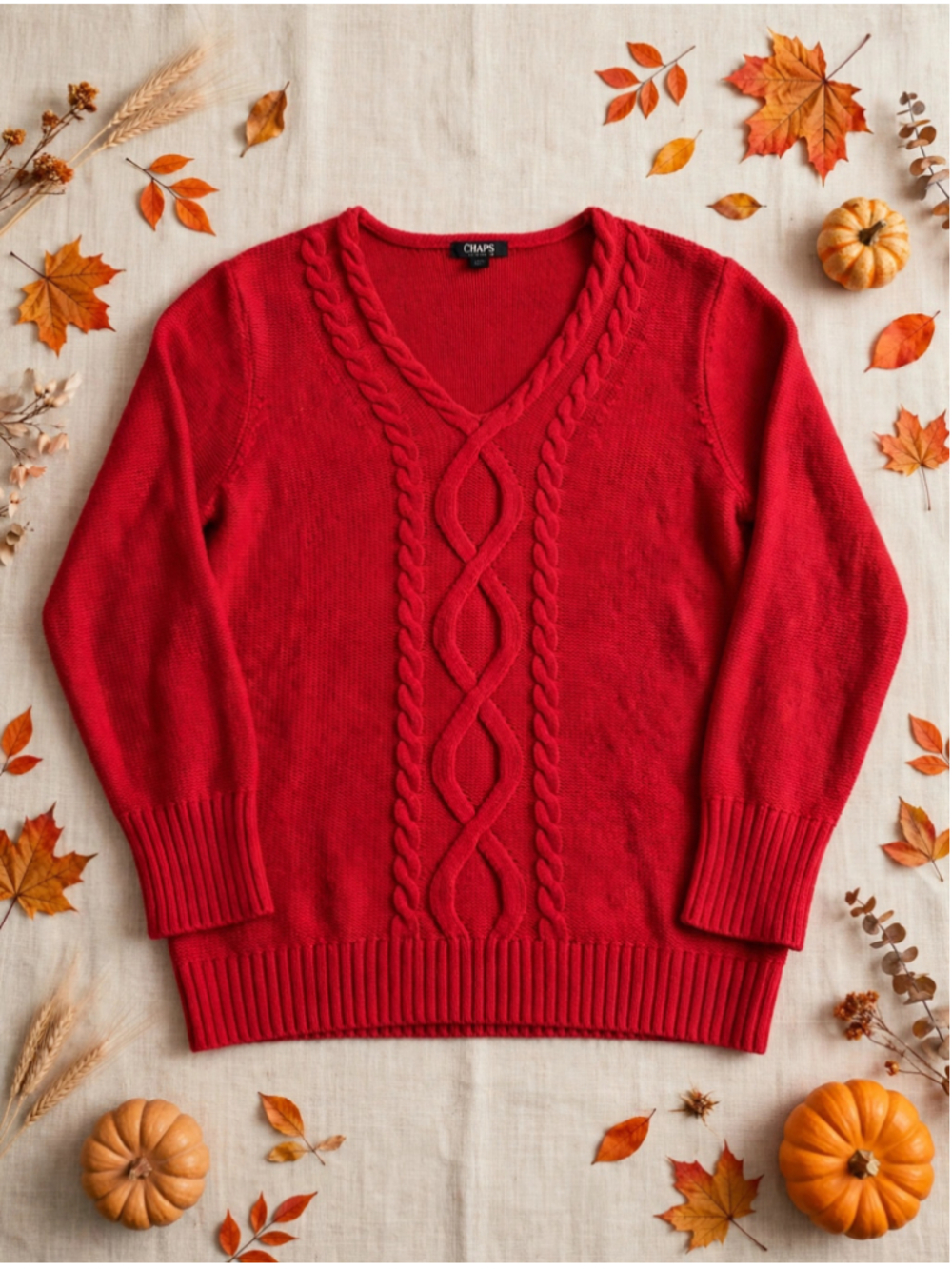 Women's Chaps Red Cable Knit V-Neck Sweater Size M